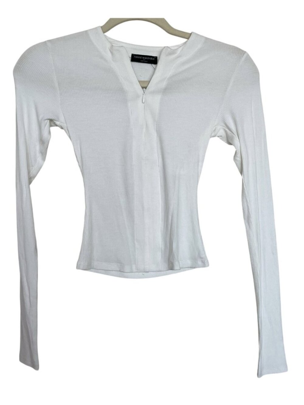 Naked Wardrobe Zip Top Womens Size XS White Ribbed 1/2 Zip Ribbed Long Sleeve
